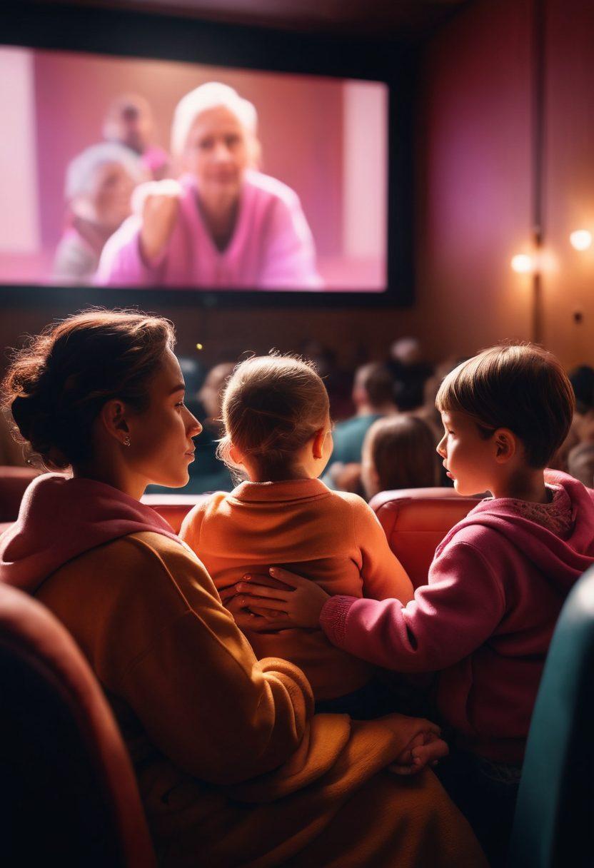 A poignant scene depicting a diverse group of people gathered in a cozy cinema, with a large screen showcasing a heartfelt film about cancer awareness. In the foreground, a mother holds her child's hand while wiping away a tear, and in the background, supportive friends embrace each other. The atmosphere is filled with warm lighting, highlighting their emotional connections and the communal spirit of resilience. Cinematic flair with soft focus and dramatic lighting elements. vibrant colors. super-realistic.