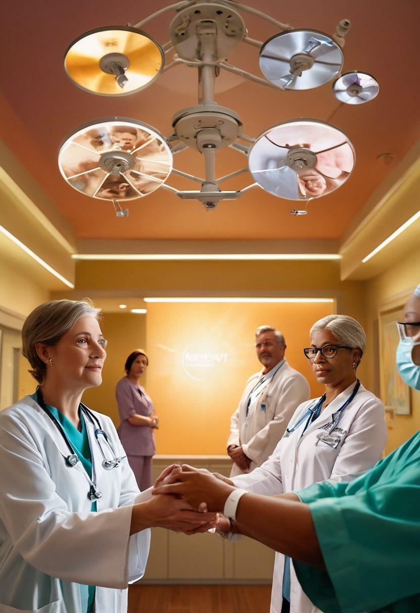 A dramatic scene illustrating a patient empowerment journey in oncology, featuring a diverse group of patients and healthcare professionals in a warm, supportive environment. Include symbolic elements like film reels and healing hands intertwined, showcasing hope and inspiration. The background should blend serene hospital imagery with cinematic elements, creating a sense of a transformative journey. vibrant colors. super-realistic. soft lighting.