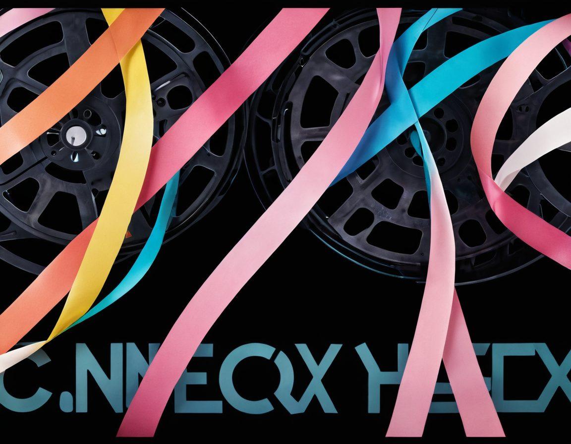 A captivating film reel intertwined with vibrant cancer awareness ribbons, showcasing cinematic scenes depicting hope and healing. Include soft lighting that evokes a sense of tranquility, with silhouettes of diverse individuals uniting in support. Incorporate elements of a movie projector casting an inspiring message onto a film screen, symbolizing advocacy in cancer care. super-realistic. vibrant colors. warm tones.
